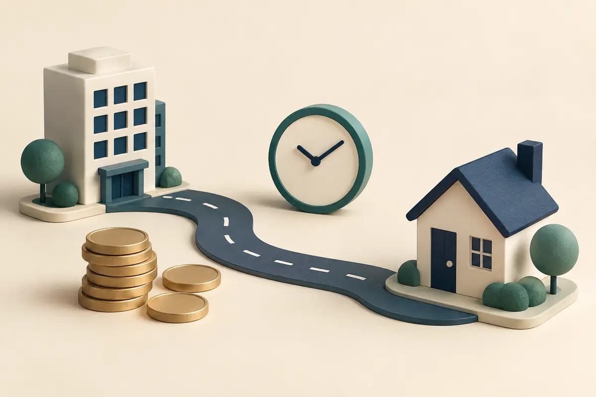 Conceptual miniature house and office connected by a curved road, beside a numberless clock and plain coins.