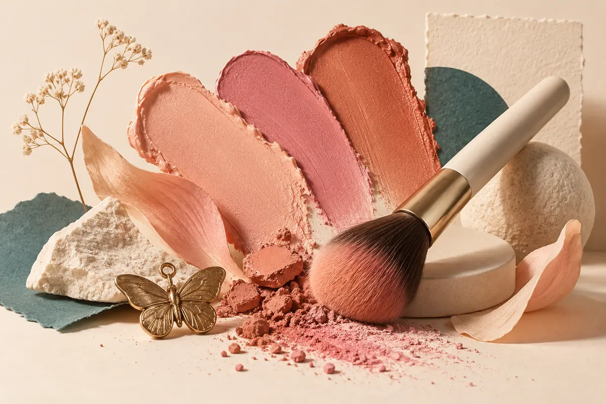 Illustration of peach, pink, and terracotta cosmetic swatches with a makeup brush and butterfly charm.