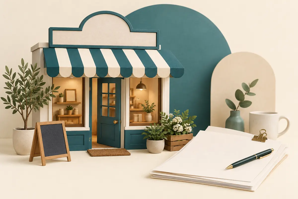 Illustration of a miniature storefront with blank signs beside blank application papers and a pen.