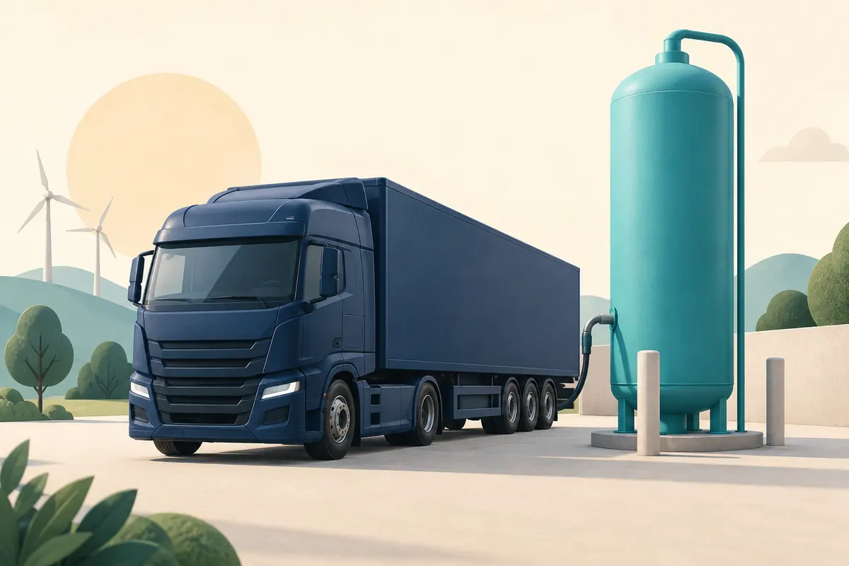 Conceptual illustration of an unbranded heavy goods truck beside a teal storage cylinder.
