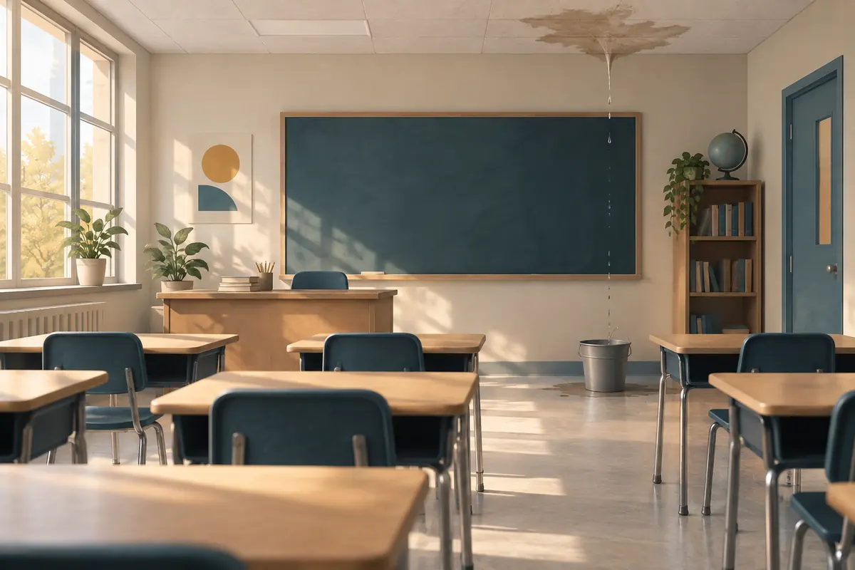 Illustration of an empty classroom with water dripping from a ceiling patch into a bucket.