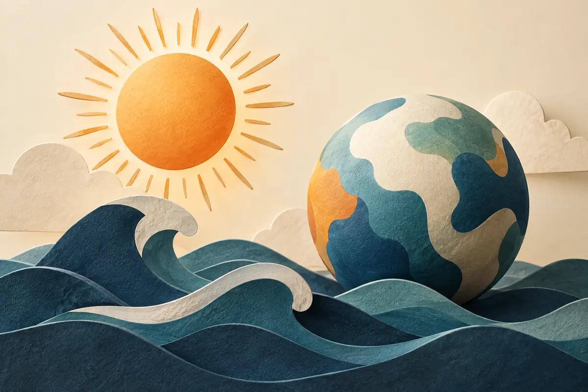 Conceptual illustration of a warm sun above ocean waves beside a globe-like sphere.