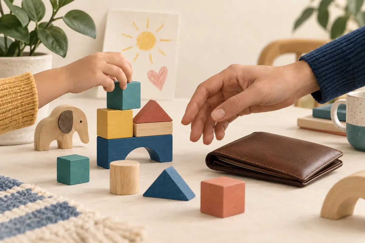 Illustration of an adult hand and a child's hand near wooden toy blocks and a household wallet.