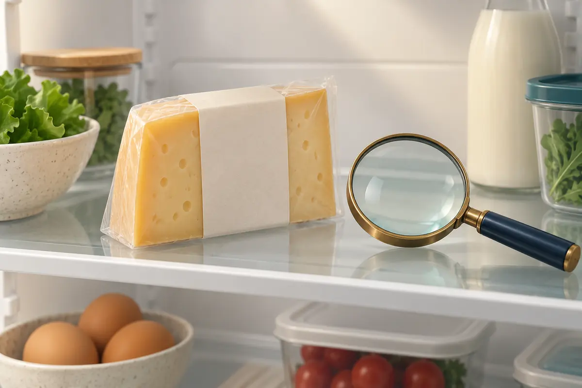 Illustration of generic packaged cheese and a magnifying glass on a refrigerator shelf.