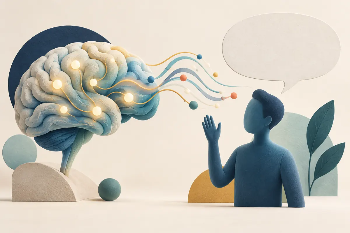 Conceptual illustration of a brain linked by flowing signals to a human-shaped avatar with a raised hand and blank speech bubble.