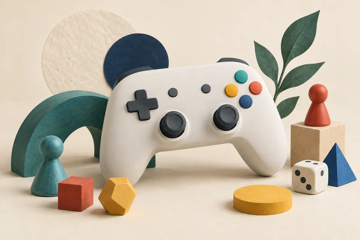 Illustration of an unbranded game controller with colorful game pieces and a die.