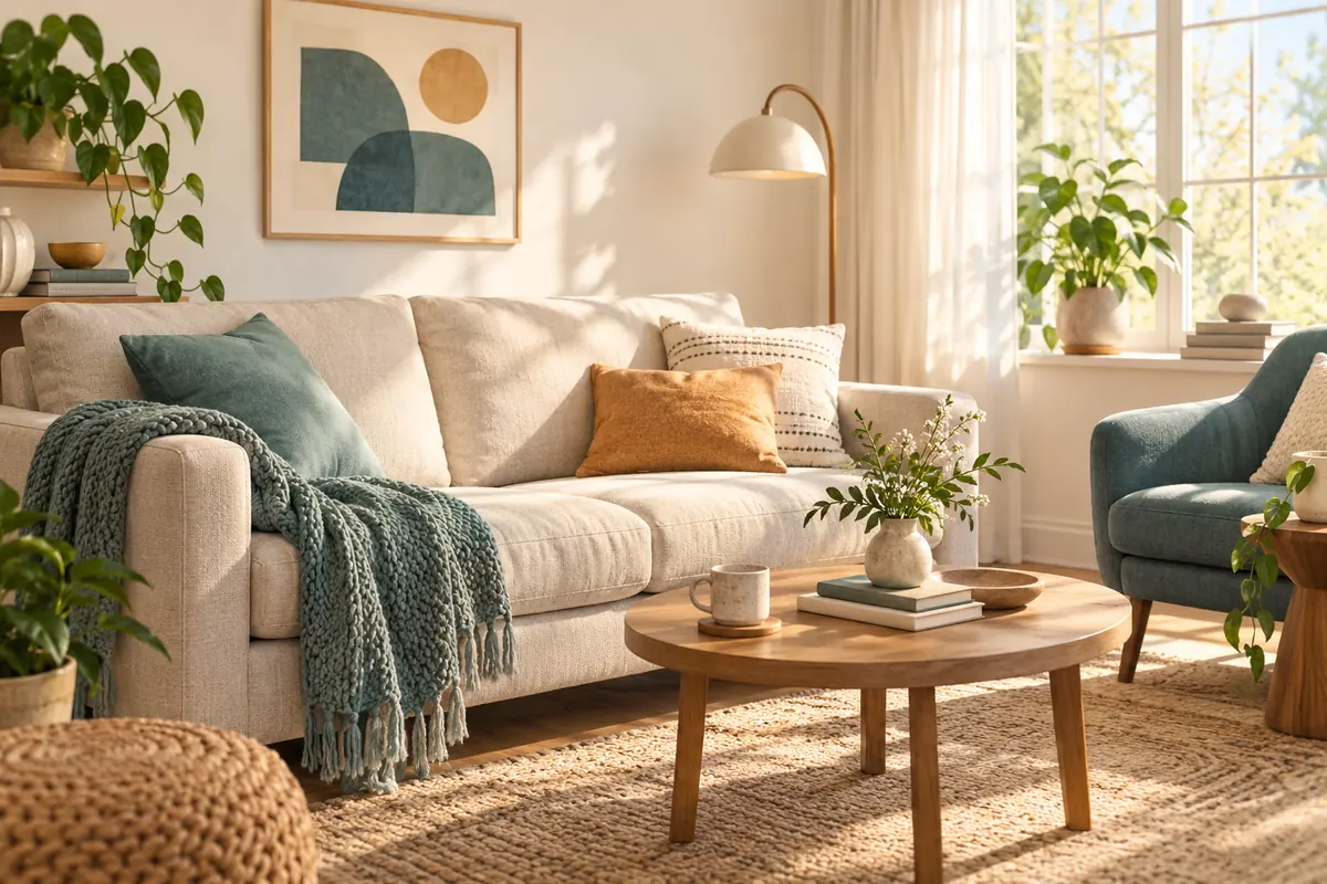 Illustration of a cream sofa with teal and ochre cushions beside a sunlit living-room window.