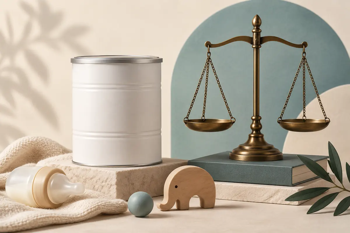 Conceptual illustration of a blank infant-formula tin beside scales of justice and a baby bottle.