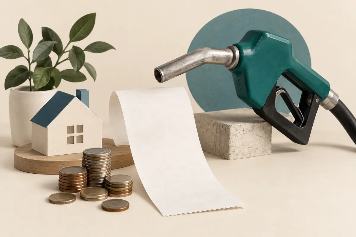 Conceptual illustration of a blank receipt, plain coins, a model house, and a fuel pump nozzle.
