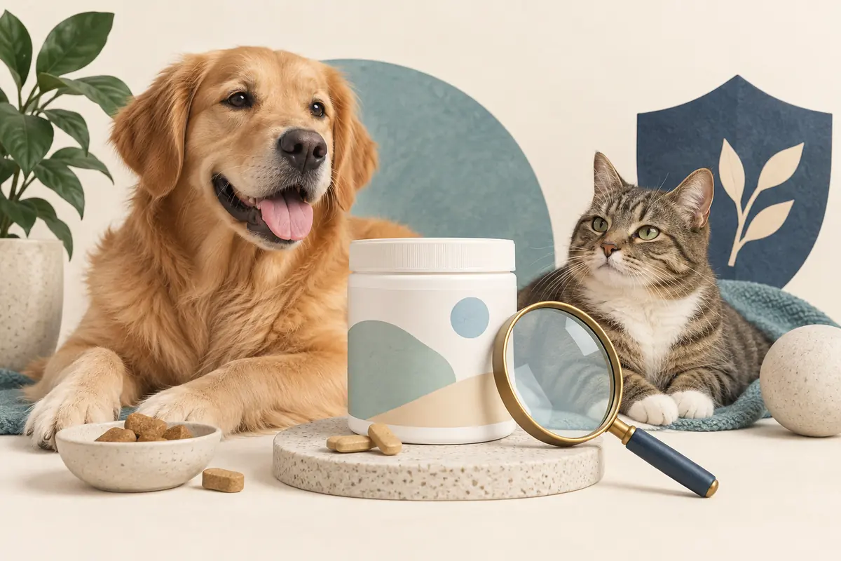 Illustration of a calm dog and cat beside a generic supplement tub and a magnifying glass.