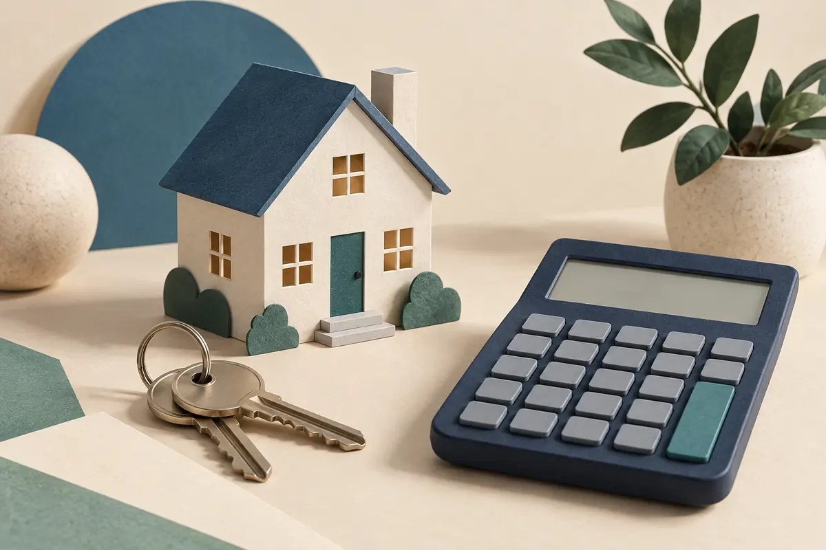 Illustration of a model house, keys, and a calculator with a blank display and unmarked buttons.