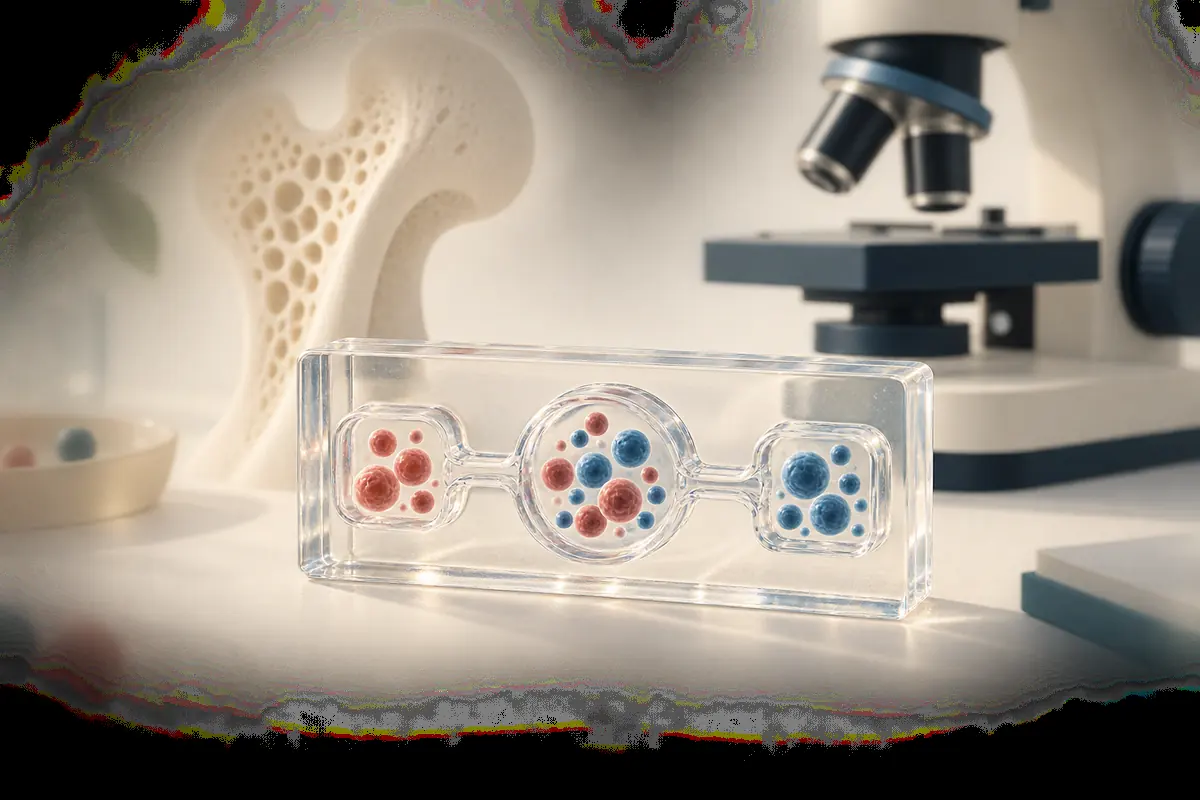 Conceptual illustration of a transparent lab chip with red and blue cell-like spheres, with a microscope and bone model behind it.