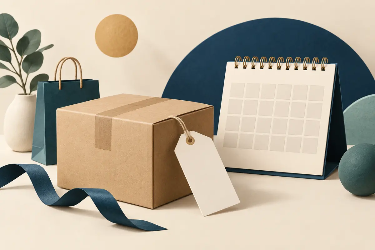 Illustration of a cardboard parcel with a blank tag beside a calendar of empty squares.
