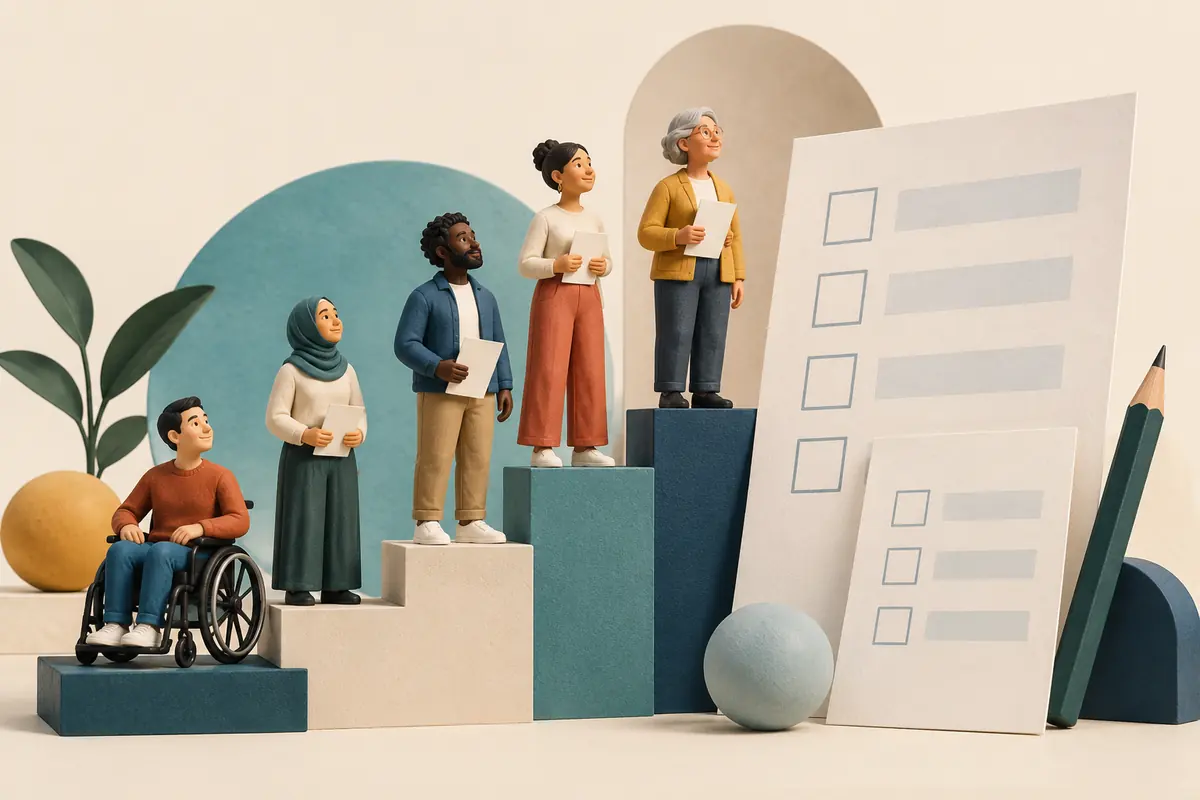 Illustration of diverse miniature people on steps beside abstract survey sheets with empty boxes.