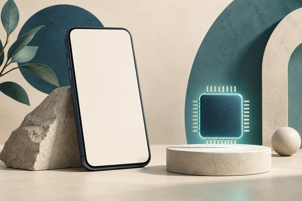 Conceptual illustration of a blank-screen smartphone beside a glowing unbranded microchip.