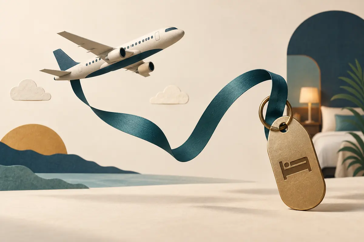 Conceptual illustration of an unbranded aircraft linked by a looping teal ribbon to a hotel key tag.