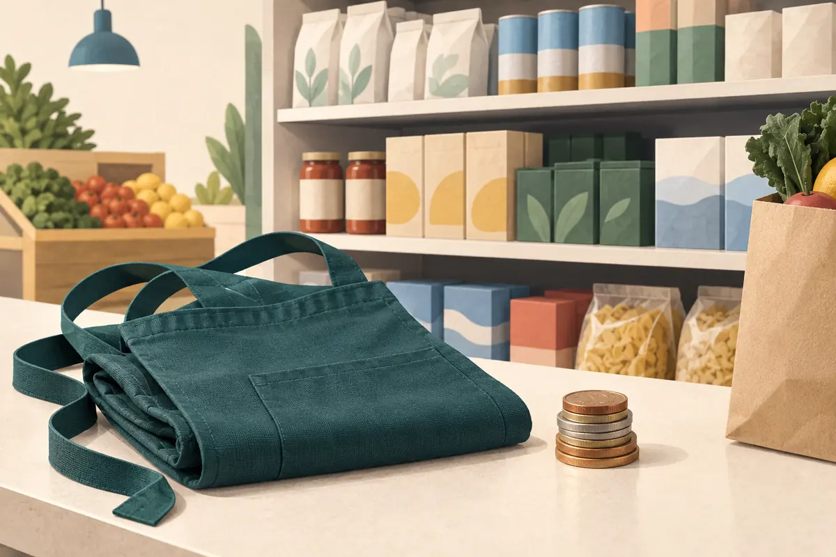 Illustration of a folded teal work apron and coins in front of a grocery shelf with generic packages.