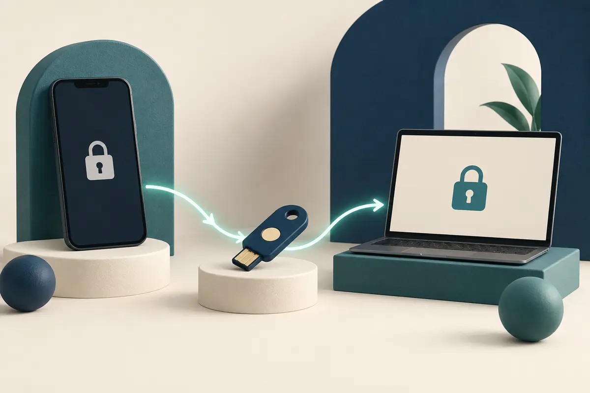 Conceptual illustration of a locked unbranded phone, a second trusted device and a physical backup-key motif connected by a recovery path.