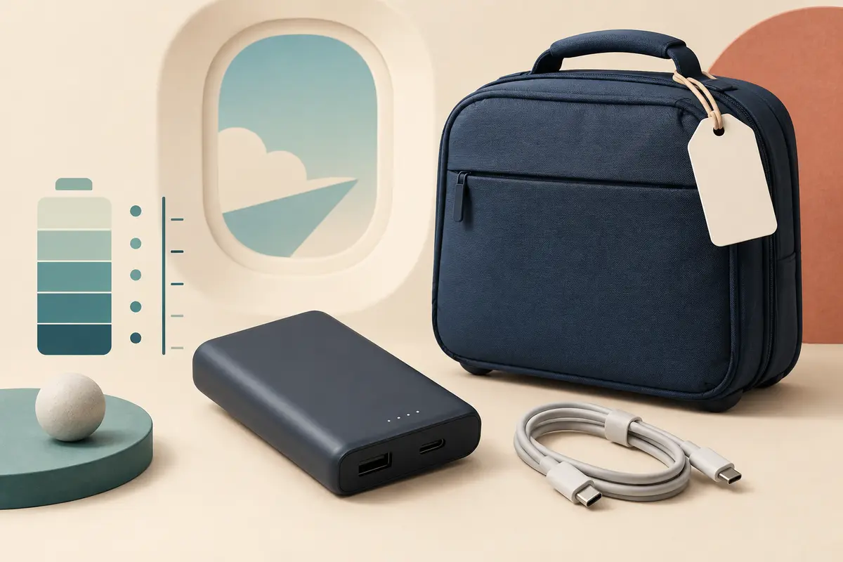 Conceptual still life of an unbranded power bank, cable and carry-on bag beside an abstract airplane-window shape.
