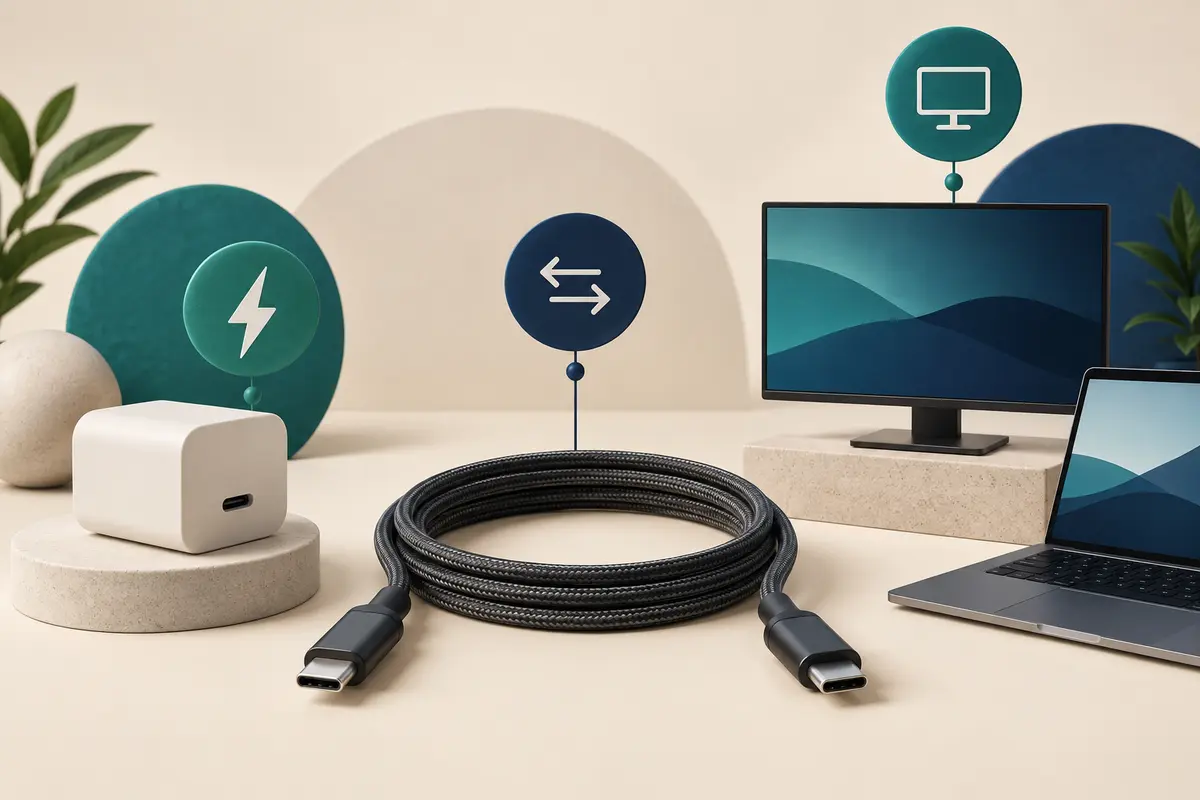 Conceptual still life of a coiled cable beside a charger, monitor and laptop, with power, transfer and display symbols.