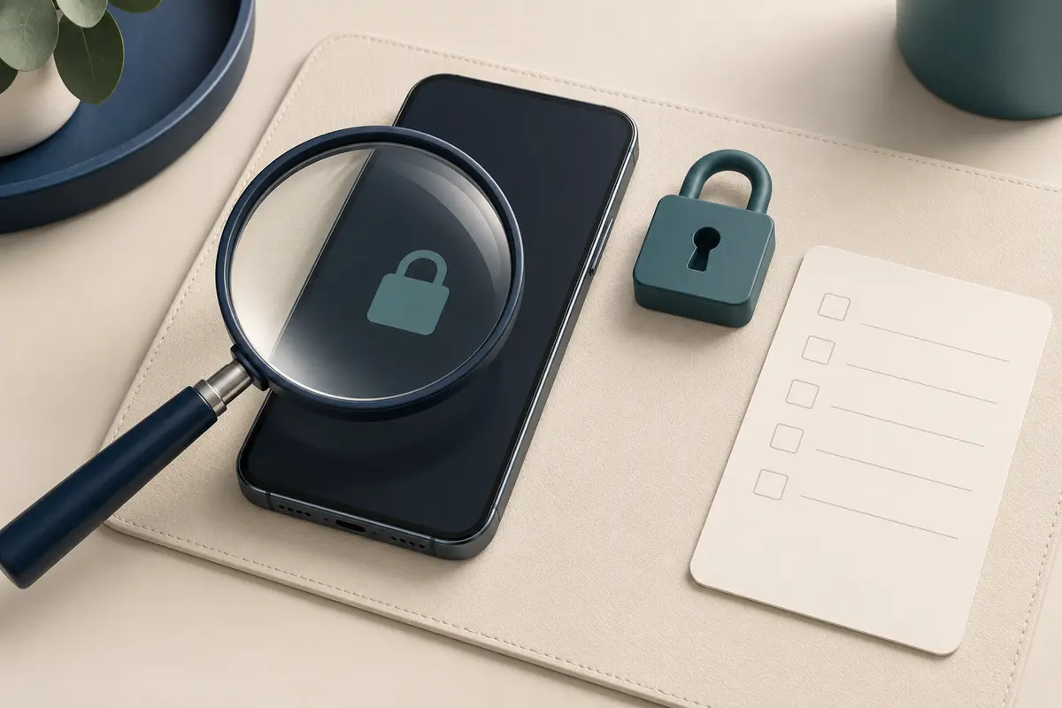 Conceptual illustration of an unbranded smartphone on an inspection mat beside a magnifying glass, blank checklist card and small padlock symbol.